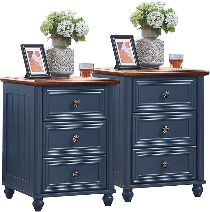 18" Farmhouse Night Stand Set of 2, Blue Wood Nightstand with 3 Drawers, Bedside End Table with Storage and Roman Column, Bed Side Tables Cabinet for Bedroom, Living Room, and Closet