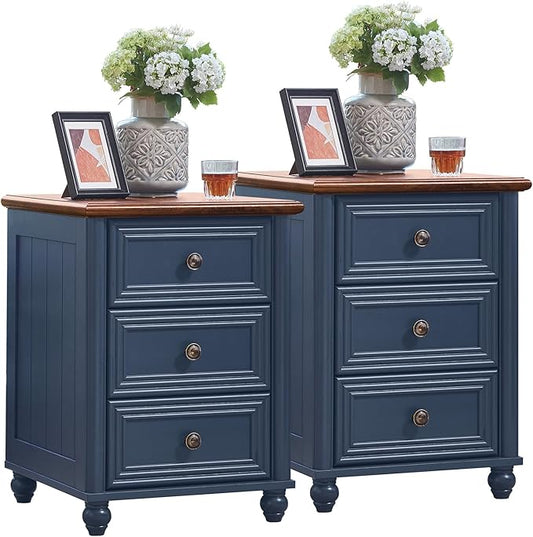 18" Farmhouse Night Stand Set of 2, Blue Wood Nightstand with 3 Drawers, Bedside End Table with Storage and Roman Column, Bed Side Tables Cabinet for Bedroom, Living Room, and Closet