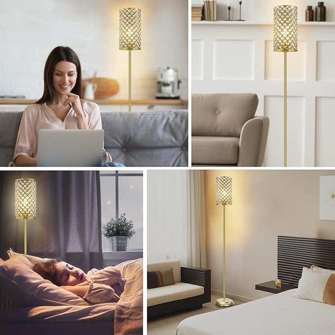 Gold Floor Lamp,Elegant Crystal Floor Lamp Modern Standing Lamp with On/Off Foot Switch,Tall Pole Accent Lighting for Living Room, Girl Bedroom, Dresser, Office