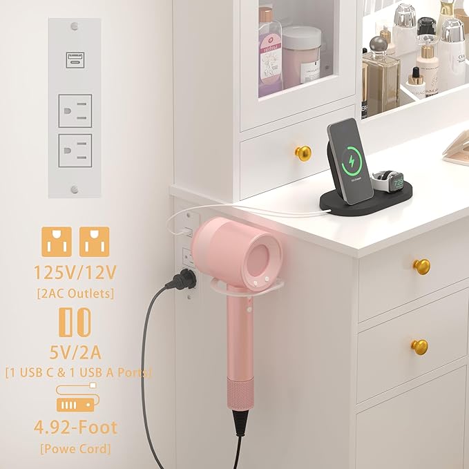 Vanity Desk with Mirror and Lights, 43" White Makeup Vanity Set with 5 Drawers & Glass Cabinets, Storage Stool, Power Outlet & Adjustable LED Lights, Dressing Table for Women & Girls Bedroom