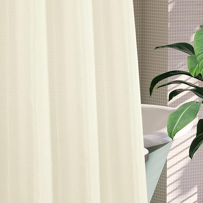 MitoVilla No Hooks Needed Ivory Waffle Shower Curtain with Snap-in Liner, Modern Waffle Weave Heavy Duty Fabric Cloth Shower Curtain for Luxury Neutral Hotel Spa Bathroom Decor, 72 x 74, Ivory/Beige