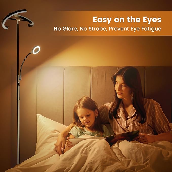 Upgraded 2-in-1 LED Floor Lamp - Dimmable Mother-Daughter Standing Lamp with Remote&Touch Control, 29W Bright Floor Reading Light, Black Modern Standing Light for Living Room Bedroom Office