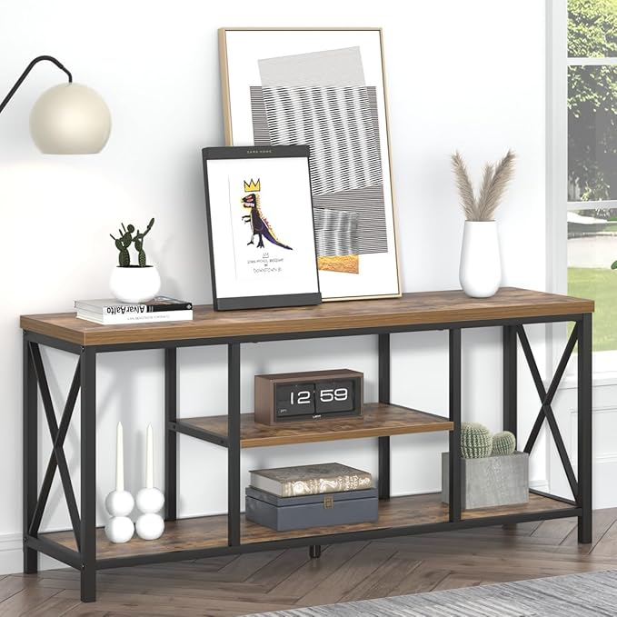 EXCEFUR 55 Inch TV Stand for Televisions up to 65 Inch, Modern Entertainment Center with Storage Shelves, Industrial Media TV Console for Living Room, Bedroom, Rustic Brown
