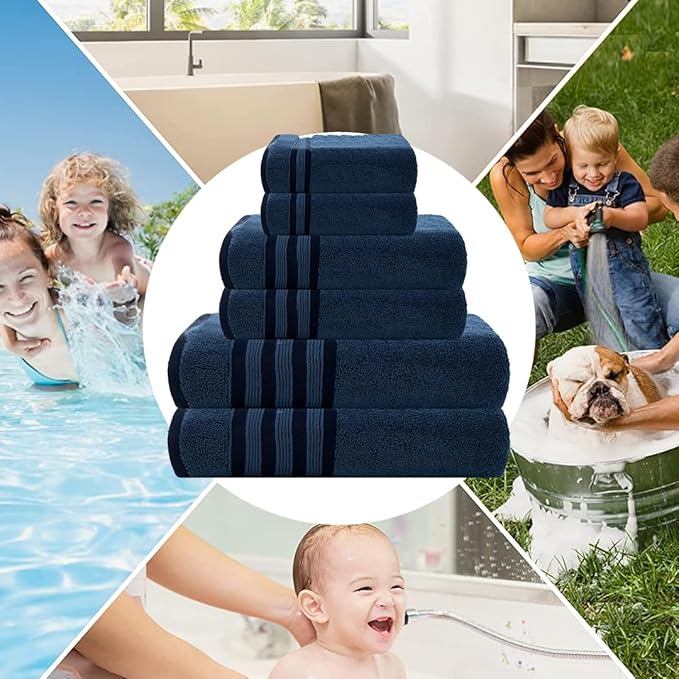 CASA COPENHAGEN Zero Twist, 6 Pieces Set 100% Cotton 0" Twist Towel Set- Dark Blue, 600 GSM, 2 Bath, 2 Hand, 2 Washcloths Made from Egyptian Cotton, Ultra Soft Luxury Towels for Bathroom.