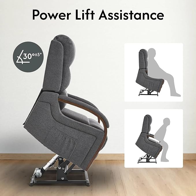FLEXISPOT Dual Motor Power Lift Recliner Chair for Elderly, Electric Lay Flat Reclining Chair with Massage & Heat, Side Pockets, Fabric Single Sofa for Living Room,Charcoal Gray