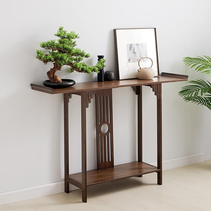 2 Tier Console Table Small Entryway Table for Narrow Spaces, Solid Wood Sofa Table Accent End Table with Curved Frame for Entryway Hallway Living Room Front Door