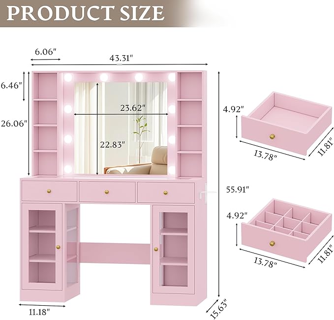 Makeup Vanity Desk with Mirror and Lights, Pink Vanity with Glass Top, LED Lights & Power Outlet, 3 Drawers & 2 RGB Glass Cabinets, Adjustable Lighted Dressing Table for Women & Girls Bedroom