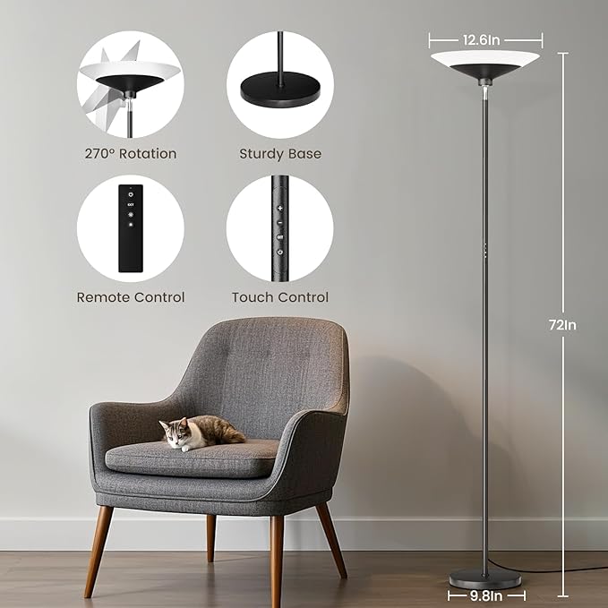 Torchiere Floor Lamp - 72" Tall LED Standing Lamp with Remote/Button Control, 1800Lm, 3000-6500K, 30W Dimmable Modern Corner Floor Light for Living Room Bedroom Office Apartment, Black