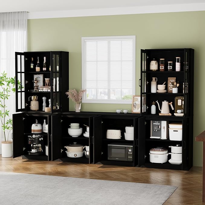 VOWNER 95" TV Stand for TVs up to 75", 4-Piece TV Hutch with Cabinets, Entertainment Center with Bookshelves, Modular TV Console for Living Room (2D+2H 黑)