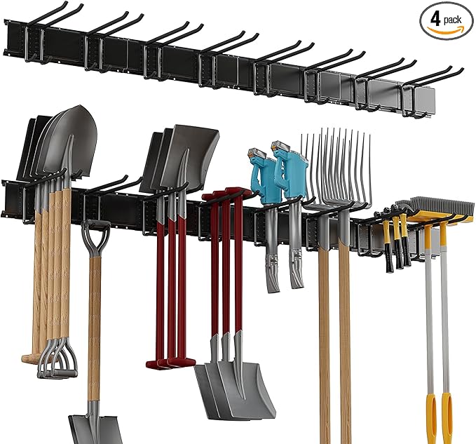 Garage Tool Rack Wall Mount – 64 inches Heavy-Duty Garden Tool Holder with 8 Adjustable Hanging Hooks – Garage Wall Storage Organizer for Shovel, Rake – Max Load 720 lbs (64 inch)