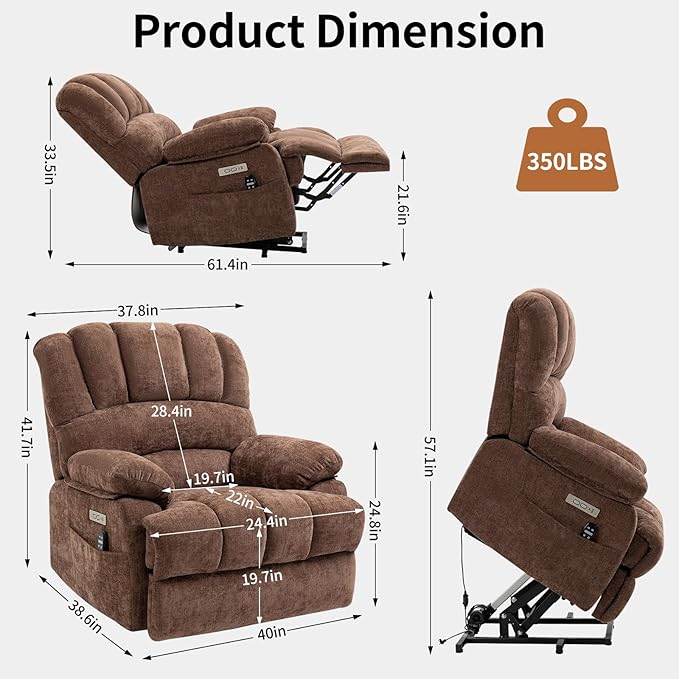 Power Lift Recliner Chair for Elderly People, Oversized Lift Recliner with Vibration Massage and Heat for Seniors with Charging Ports, Side Pockets, Chenille Fabric Brown