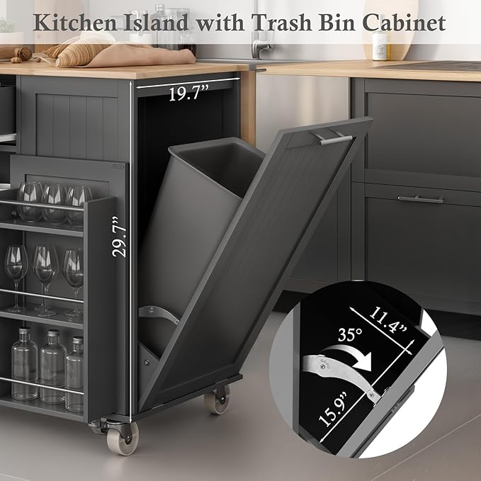 Kitchen Island with Storage & Drop Leaf - 43.3" Mobile Kitchen Cart with Wheels, Rolling Kitchen Island with Trash Bin Cabinet & Towel Rack, Rubberwood Top, Grey Island for Kitchen