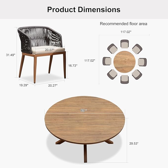 PURPLE LEAF 9 Pieces Large Round Outdoor Dining Set Patio Furniture Set Aluminum Rattan Wicker Patio Dining Table and Chairs Set for Lawn Porch Deck Brown