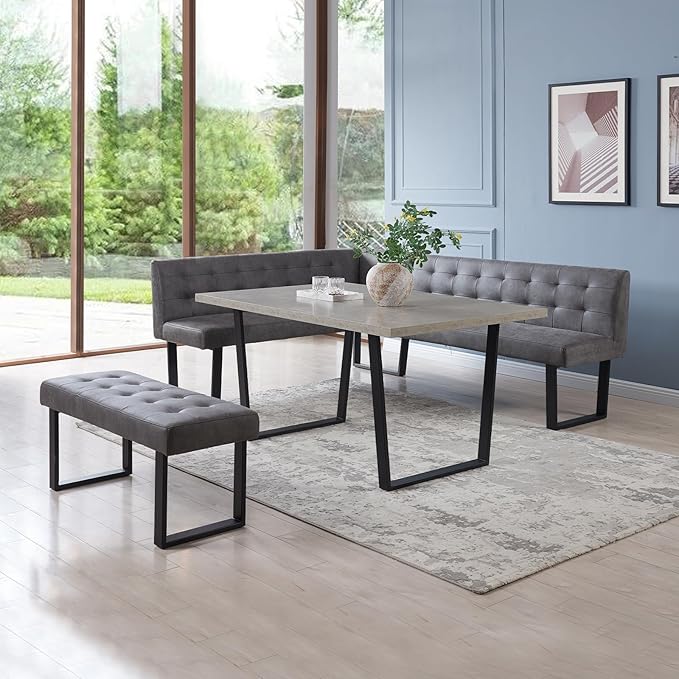 3 Piece Dining Table Set with Bench, 42.9 Inch Modern Kitchen Table with Right Seat Corner and 43.3 Inch Bench for Family Dining Room Furniture