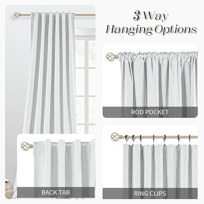 Static White Linen Blackout Curtains 2 Panels Set for Bedroom Back Tab Thermal Insulated 100% Black Out Linen Drapes Living Room Darkening Window Curtains 96 Inches Long 8 FT