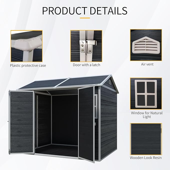 8' x 6' Resin Storage Shed Outdoor, PP Material & Strong Structure for All Weather, Plastic Garden Shed w/Window for Garden, Backyard, Poolside and Lawn, 15mm Thick PP Board - Dark Grey