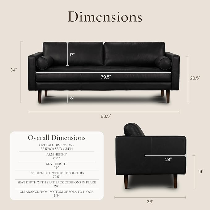 Poly & Bark Napa Leather Couch - 88.5-Inch Office Sofa with 2 Bolsters - Full-Grain Leather Sofa for Living Room with Feather-Down Topper - Living Room Couch - Vintage Italian Leather in Onyx Black