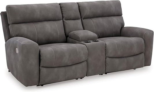 Signature Design by Ashley Next-Gen DuraPella Contemporary Faux Leather Modular Wall Hugger 3-Piece Power Reclining Sectional Loveseat with Console, Adjustable Headrest and USB Ports, Gray