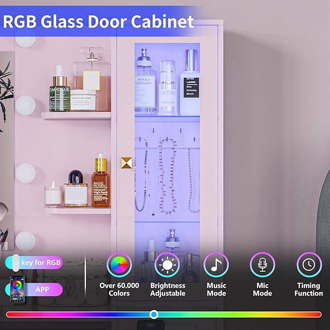Vanity Desk with Mirror and Lights, Pink Makeup Vanity with 5 Drawers Hidden Jewelry Organizer& LED Glass Cabinet,3 Light Mode and Brightness Adjusted,Vanity Mirror with Lights Desk and Chair