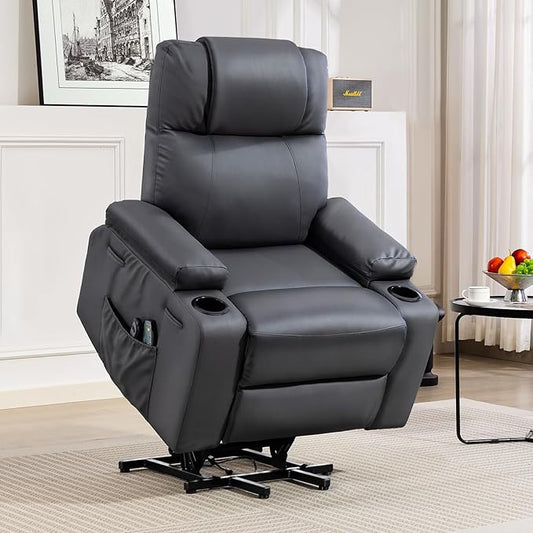 Power Lift Recliner Chair for Elderly with Heat & Massage, 160° Electric Adjustable PU Leather Recliner with Remote Control, Stand Assist, Cup Holders & Side Pockets for Living Room (Gray)