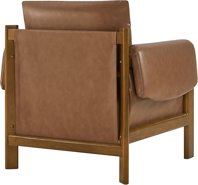 CHITA Accent Chair, Mid Century Modern Upholstery Armchair for Living Room, Solid Wood Frame, Faux Leather in Saddle Brown
