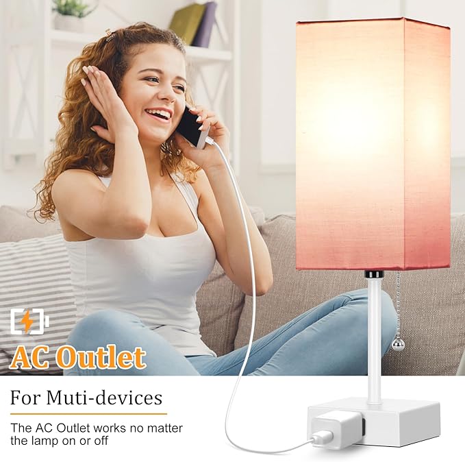 Table Lamp for Bedroom set of 2,3-Color Bedside Lamps with Pull Chain Table Lamps for Nightstand with AC Outlets,Small Night Light Lamps with 2 Bulbs Lamps for Living Room Kids Room Office Decor（Pink）