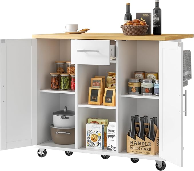 JY QAQA 42" Kitchen Island with Storage on Wheels, Rolling Table with Drop Leaf, Drawers, Cart Handle for Towel Rack or Free Movement, White