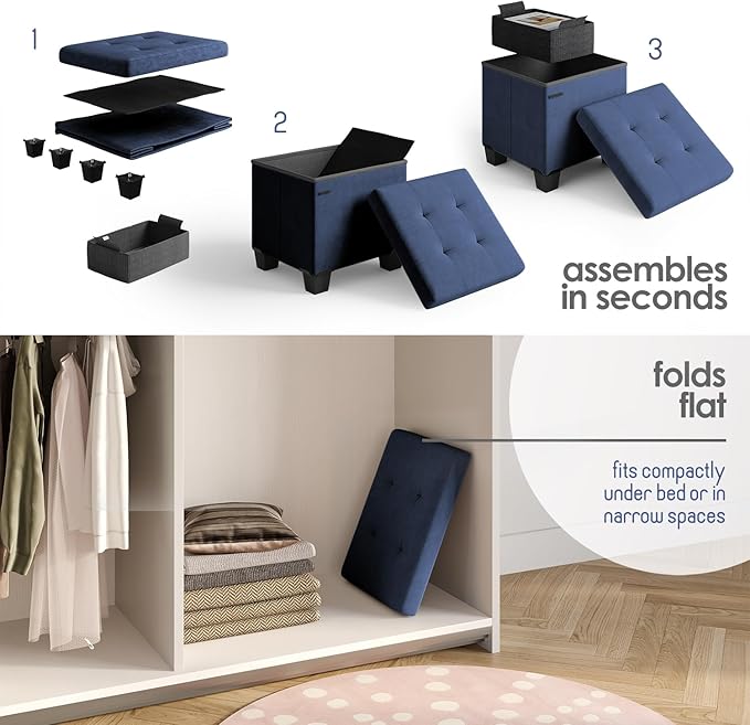 STORAGEBUD Storage Ottoman Cube with Small Bin, 15-in Square Ottoman with Storage for Living Room and Bedroom, Small Ottomans Foot Rest, Velvet Foot Stools Ottomans Max 330lbs, Blue