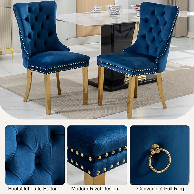 5-Piece Faux Marble Round Dining Table Set for 4, Modern Luxury Kitchen Table Set for 4 with Blue Tufted Chairs,Circle Dining Tables with Pandora Grain Top and Bronze Pedestal Base