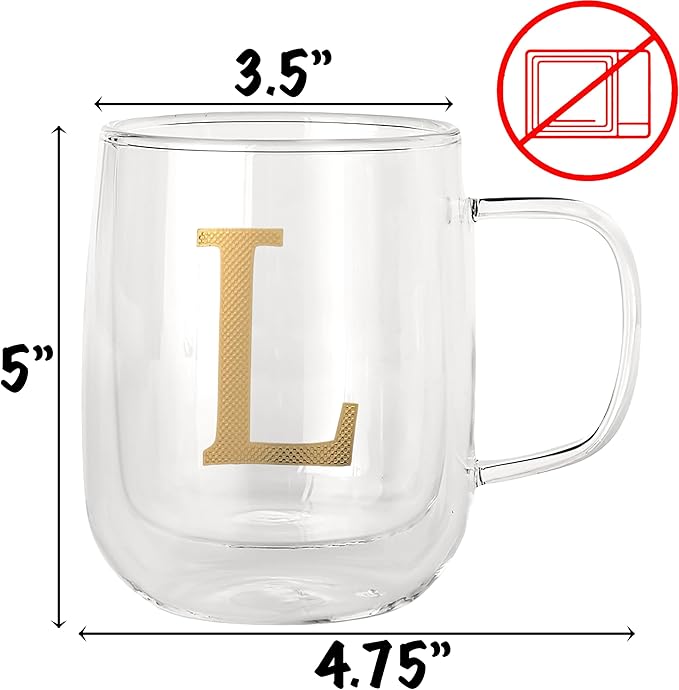 COLLECTIVE HOME - Double Walled Glass Coffee Mugs, Insulated Coffee Mug with Handle, Personalized Gifts for Women, Men, Christmas, 14 oz Monogram Cups (L)
