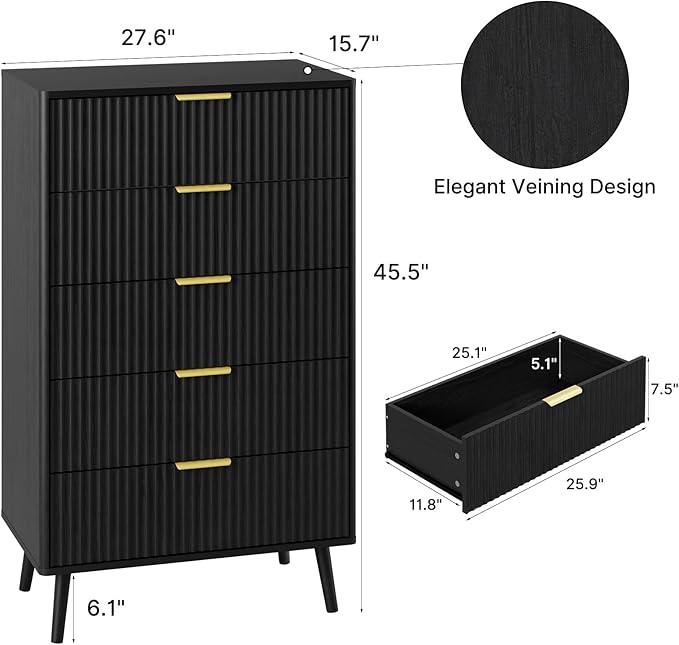 LYNSOM Fluted 5 Drawers Dresser, 45" Tall Modern Chest of Drawers with Curved Profile Design and Metal Handle, Wood Drawer Organizer for Bedroom, Living Room, Hallway, Entryway, Black