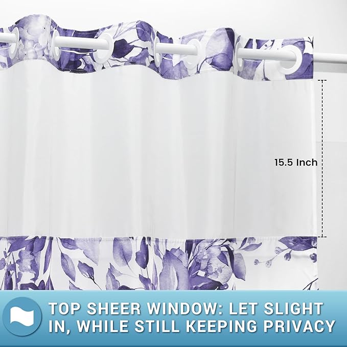 No Hook Shower Curtain with Snap in Liner - Eucalyptus Shower Curtain - Washable Waterproof Inner Liner, Plants Purple Leaves Modern Shower Curtains - Machine Washable, 71 x 74