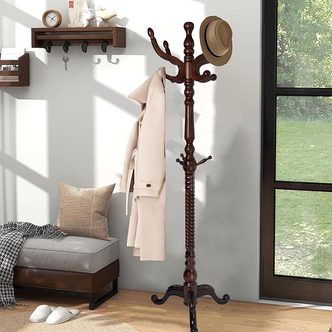 Coat Racks Freestanding, Natural Wood Coat Stands with 14 Hooks, 75" Heavy Duty Adjustable Height Vintage Hall Tree for Entryway, Bedroom, Office, Easy Assembly (Triangular Dark Brown)
