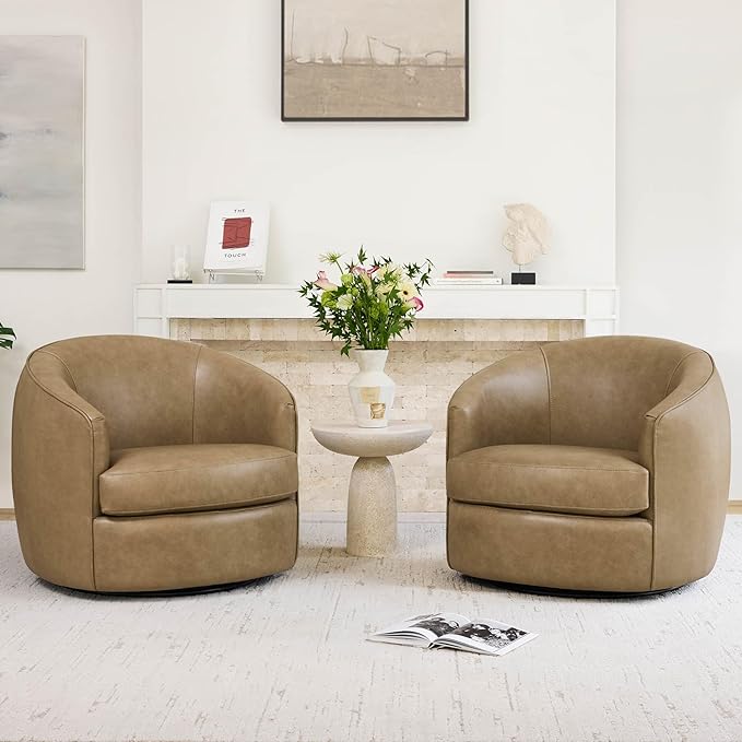 CHITA Genuine Leather Swivel Barrel Chair, Modern Comfy FSC Certified Upholstered Leather Accent Chair for Living Room, Fully Assembled, Mocha