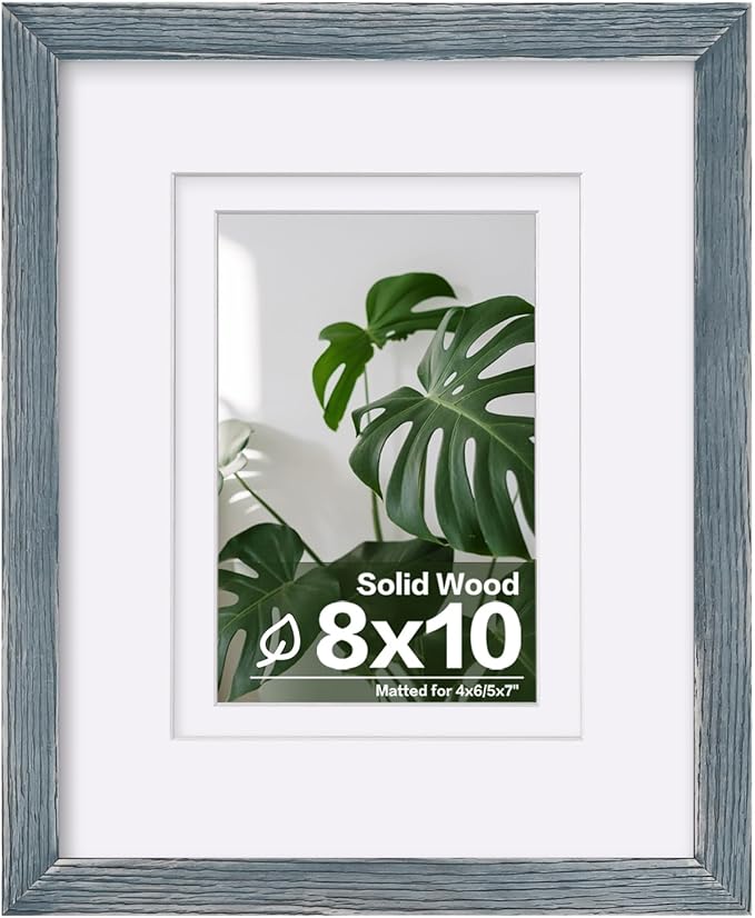 Egofine 8x10 Picture Frame Made of Solid Wood Covered by Plexiglass, Display Pictures 4x6/5x7 with Mat or 8x10 Without Mat for Table Top Display and Wall Mounting Photo Frame, Rustic Blue