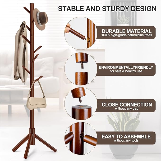 2 PCS Coat Rack, Freestanding Coat Rack with 8 Hooks and 3 Adjustable Size Tree Coat Racks for Bedroom, Hallway, Entrance, Office, for Hats, Coats, Scarves, Handbags