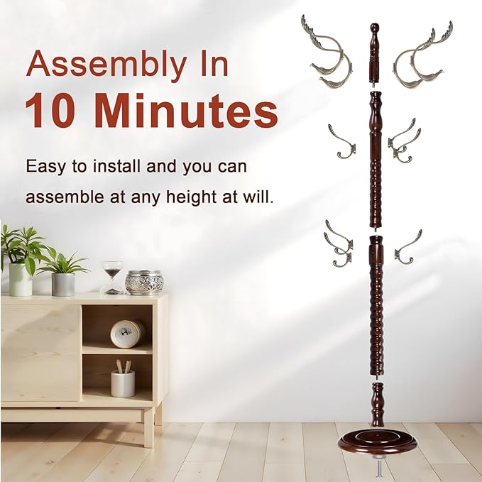 Coat Racks Freestanding, Natural Wood Coat Stands with 14 Hooks, 73" Heavy Duty Adjustable Height Vintage Hall Tree for Entryway, Bedroom, Office, Easy Assembly (Fenghuang Gou)