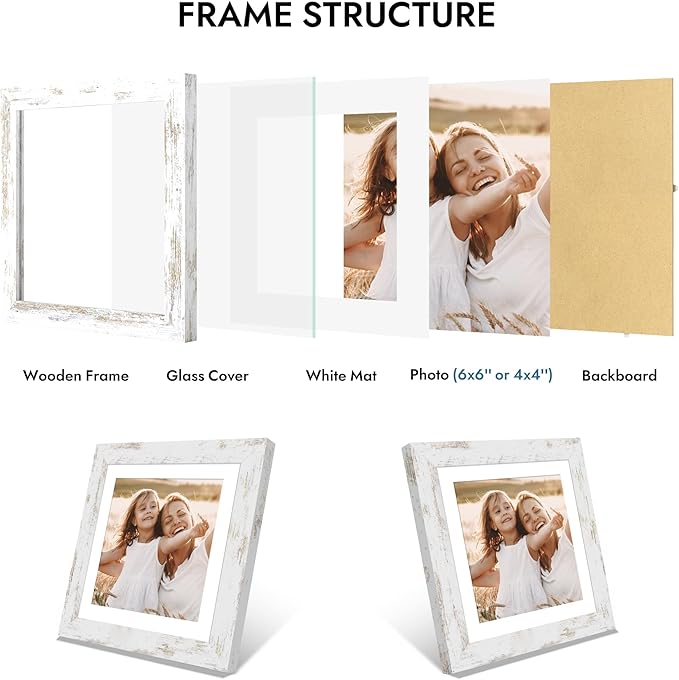 6x6 Picture Frame with Glass, Display Pictures 4x4 with Mat or 6 x 6 without Mat - Wall and Tabletop, 6 by 6 Photo Wooden Frames (Distressed White, 1 Pack)