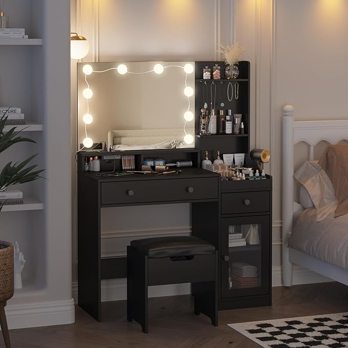 Vabches Vanity with Mirror and Lights,Makeup Vanity Table with Charging Station,Dressing Table with Stool & 3 Storage Compartments,3 Color Modes Available for Bedroom,Black