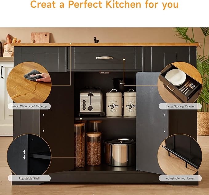 Stationary Kitchen Islands Include 2 Chairs, 47" Kitchen Island with Drop Leaf, Home Bar Table with Spice Rack & with Trash Cabinet, Island Table for Dining Room with Power Outlet, Black