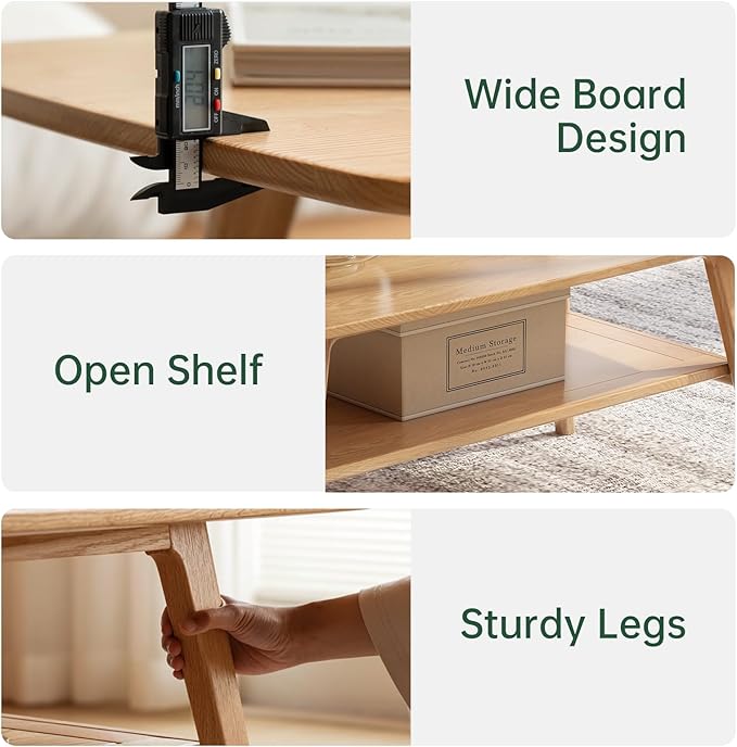 100% Solid Wood Coffee Table for Living Room, 2-Tier Mid Century Modern Small Tables with Shelf Storage, Storage Coffee Table with Rounded Corners (Oak Wood Log Color, 31.5'' L)