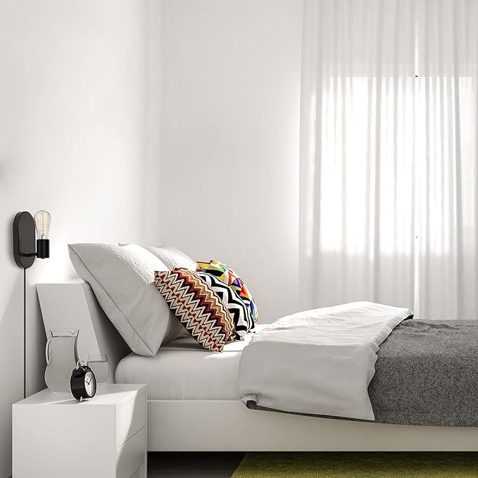 GLOBE Electric x Novogratz 51488 1-Light Plug-in or Hardwire Wall Sconce, Matte Black, 6ft Fabric Covered Cord, Rocker Switch, Wall Lights for Apartment or Renters, Modern Lighting