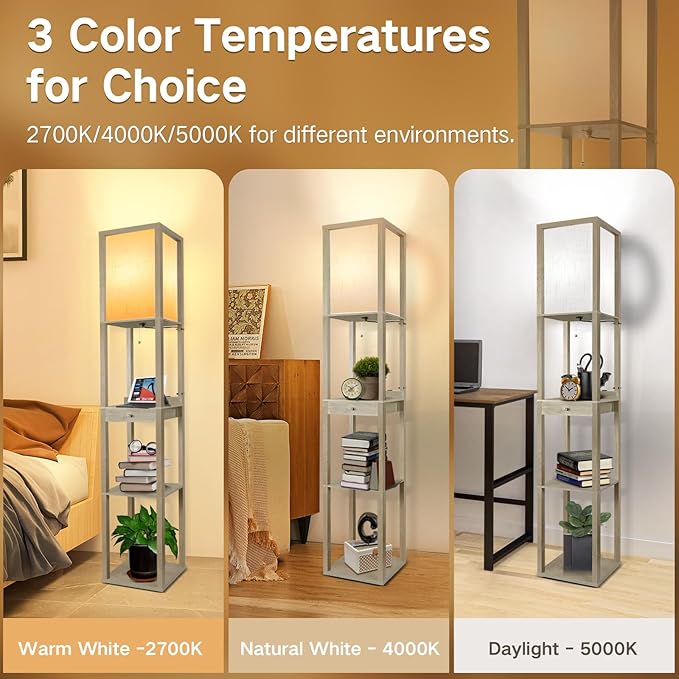 OUTON Deluxe Shelf Floor Lamp with 1 Drawer, 2 USB-C Ports, 2 AC Outlets, LED Modern Floor Lamp with 3 Color Temperature, Storage Display Wood Standing Lamp for Living Room, Bedroom, Office (Grey)