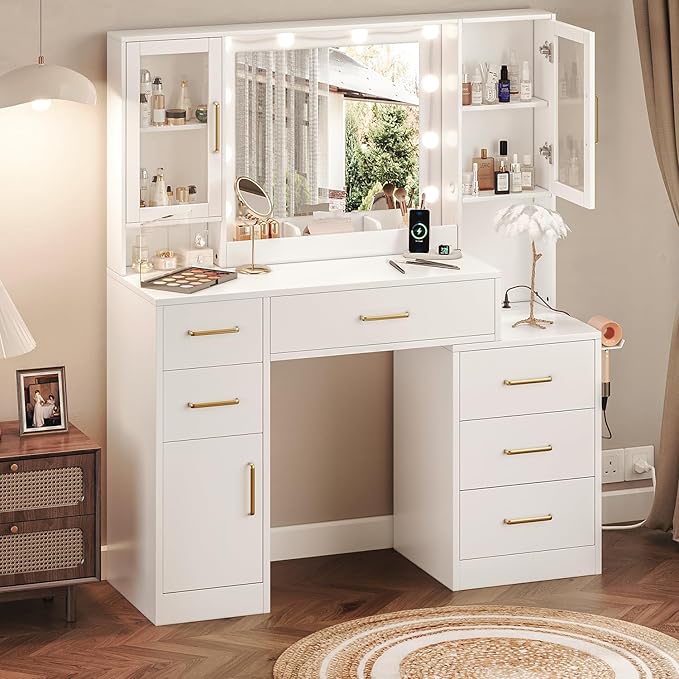 51" Vanity Desk with Mirror and Lights & Charging Station, Bedroom Dressing Table, Large Vanity Set, 6 Drawers and 2 Cabinets, Makeup Vanity Table with Charging Station, Without Stool