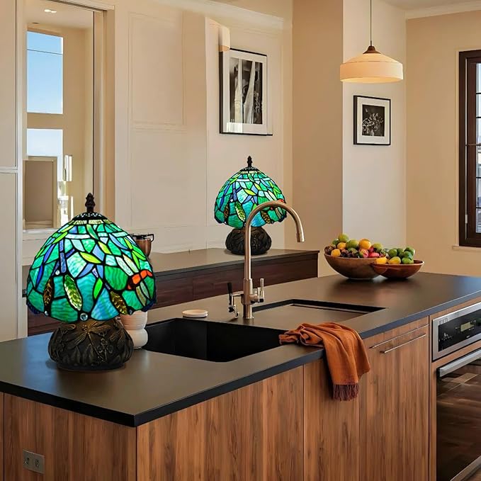 Small Tiffany Stained Glass Lamp, 3 Color Temperatures Bedside Lamp, 8 Inch Mushroom Desk Light for Bedroom Living Room Office Home Decor (Wheat Pattern)