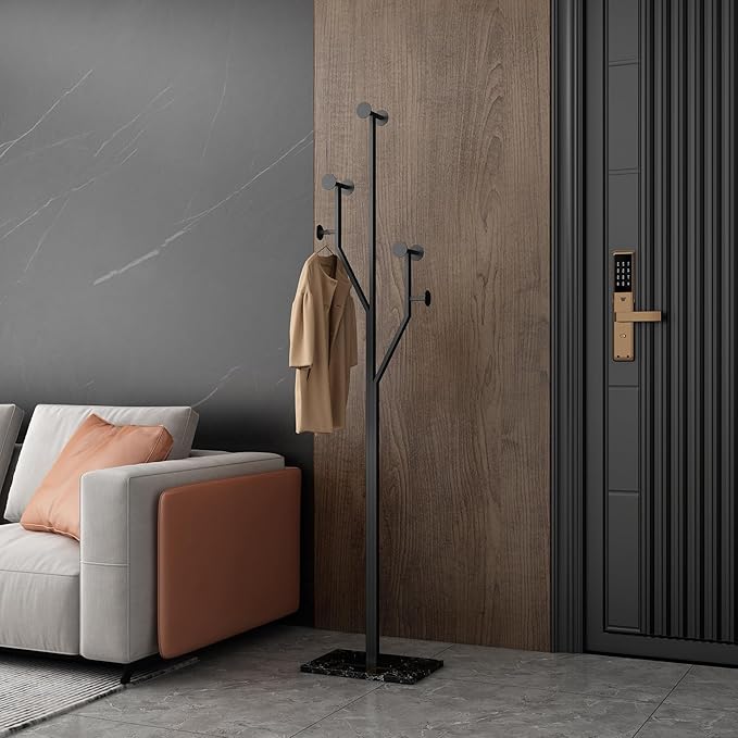Freestanding Coat Rack Tree-shaped Metal Coat Tree with Heavy Duty Marble Base Corner Clothing Rack for Bedroom Entryway Hallway 14.96 x 10.24 x 68.9 Inches (Black)