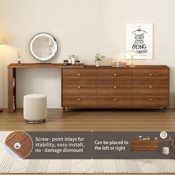 Makeup Vanity Desk Set with Full Aluminum HD Lighted Mirror and Stool, 70-110in Extendable Modern Vanity Table, 9-Drawer Solid Wood Frame Chest, Dressing Table for Bedroom, Brown