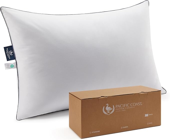 Pacific Coast Bed Pillow, Luxury Hotel Goose Feather and Down Pillow for Sleeping with 100% Cotton Shell, Medium Supportive, Standard Size