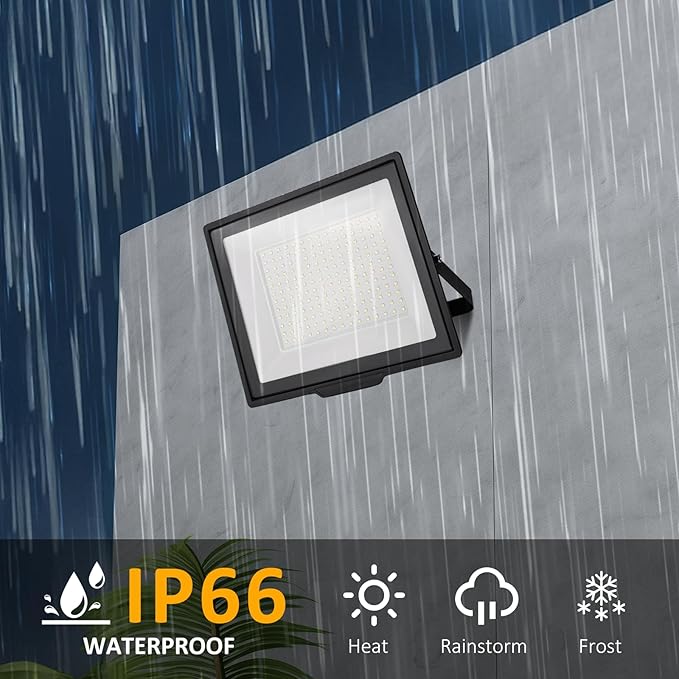 100W Flood Lights Outdoor,9000LM Bright Work Light Plug in,6500K Daylight White LED Flood Light Outdoor, IP66 Waterproof Exterior Floodlight for Yard Garage Stadium 2 Pack