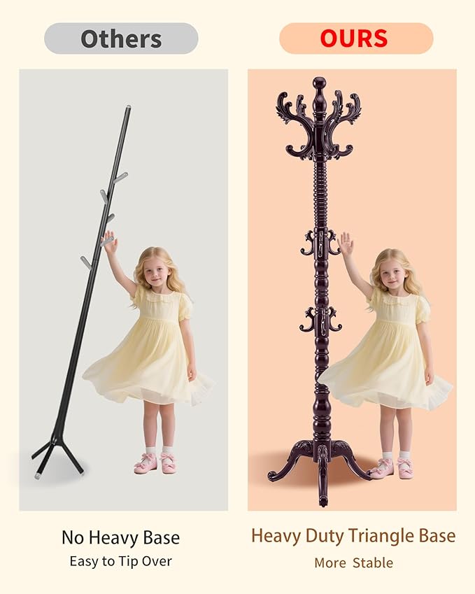 Wooden Coat Rack Freestanding, Solid Wood Coat Rack Stand with 14 Hooks, Vintage Heavy Duty Coat Racks,Standing Coat Jacket Hanger Tree Stand for Corner, Office, Entryway